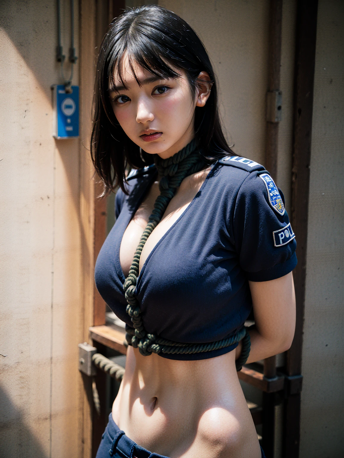 (41k4:1.15), (aika-sawaguchi:0.7), face, masterpiece, Best Quality, 8K, Raw photo, top-notch quality, masterpiece, (BDSM:1.5), (rope bondage:1.4), (tied up with rope:1.3), (wearing police uniform:1.7), (arms behind back:1.2), solo, (1 pretty Japanese girl), exceptionally detailed RAW color photo, professional-grade photograph, (Realistic, Photorealistic:1.37), (highly detailed skin:1.2), Ultra-high resolution, (lens 50mm), (masterpiece, top-quality:1.3), (hyper realistic:1.35), (Photorealistic:1.45), (Realistic:1.4), (looking at viewer:1.4), (facing viewer:1.4), 1 beautiful girl, 18 years old, Japanese idol, supermodel, pale skin, (slim:1.3), (slim body:1.25), (slender body:1.25), (narrow waist:1.25), pretty face, (large breasts:1.15), (deep cleavage), gravure idol