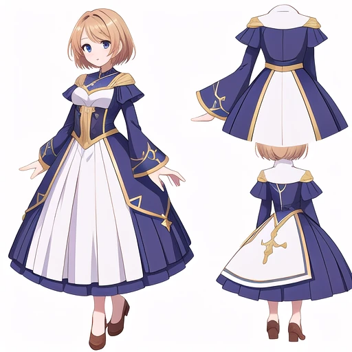 solo female, (((white background))), character focus, fantasy clothes, standing, character design, multiple views, cocktail dress,