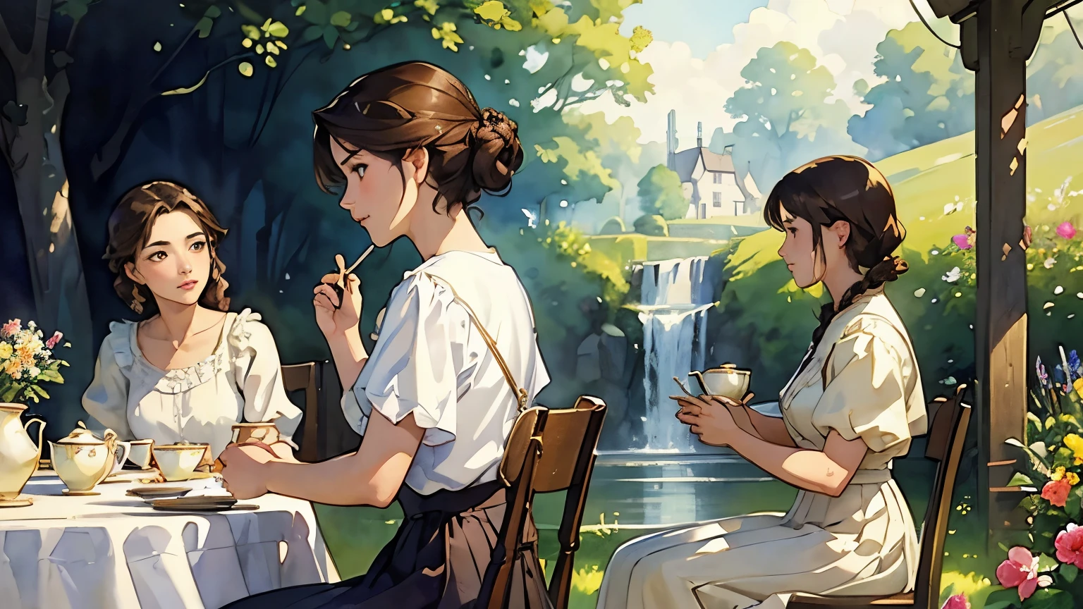 ((highest quality、masterpiece、High resolution))、(Sargent style watercolor)、(anime art)、soft light、Cotswold scenery、old farmhouse、stream、flowers bloom、(two women)、medium short hair、dark brown hair、braided hair、White blouse and long skirt、picnic、table, Tea set、drink a cup of tea、cinematic light、soft sunlight、blur the background、