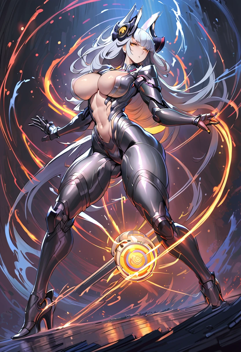 (masterpiece), (best quality:1.4), (perfect anatomy:1.4), high quality, expressive eyes, full body, tall girl, detailed face, beautiful face, perfect face, breasts, cleavage, gloves, A photograph of mid-twenties Japanese female android made of shiny white and silver translucent glass and plastic, geisha makeup and hairstyle, silver metal internal body mechanisms, dynamic pose, flowing organic construction, glowing golden circuitry, colorful neon trim, glowing circuitry, neon trim, depth of field focus f/2.8, art by H.R. Giger, Greg Rutowski, bodysuit, thick thighs, toned, emblem, superhero, dynamic lighting, 4k resolution, dynamic pose, weapon, energy weapon, cover, mecha musume, fortified suit, mechanical parts, headgear, robot joints, bodysuit, deva battle suit, gloves,