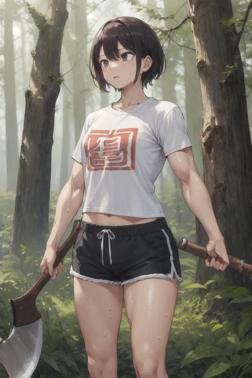 masterpiece,highest quality,masterpiece、((1 female))、muscular、big chest、T-shirt、shorts、have an ax、Cutting down cedar trees、Sweat、vexation