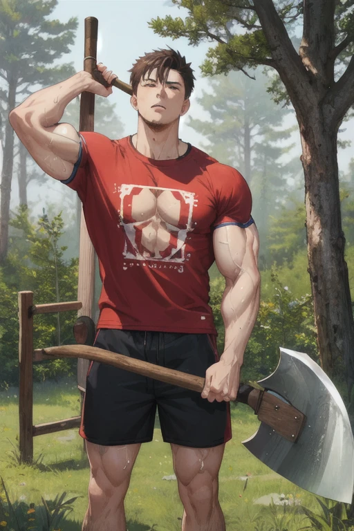 masterpiece,highest quality,masterpiece、((1 female))、muscular、big chest、T-shirt、shorts、have an ax、Cutting down cedar trees、Sweat、vexation