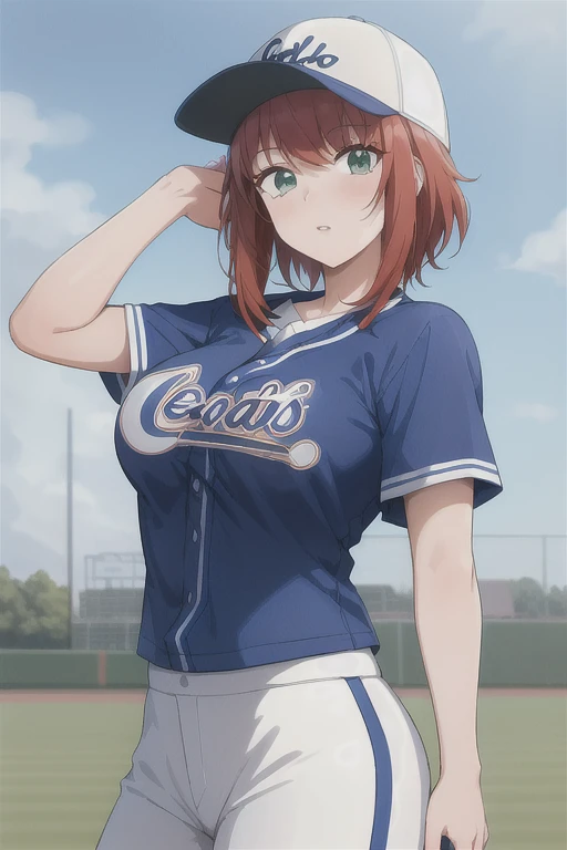 neocoill,  masterpiece, best quality, 1girl, baseball uniform, solo, baseball mitt, baseball cap, hat, baseball, sky, sportswear, cloud, red hair, blue sky, day, shirt, bangs, medium hair, long sleeves, standing, holding ball, outdoors, green eyes, parted lips, large breasts, mature female,