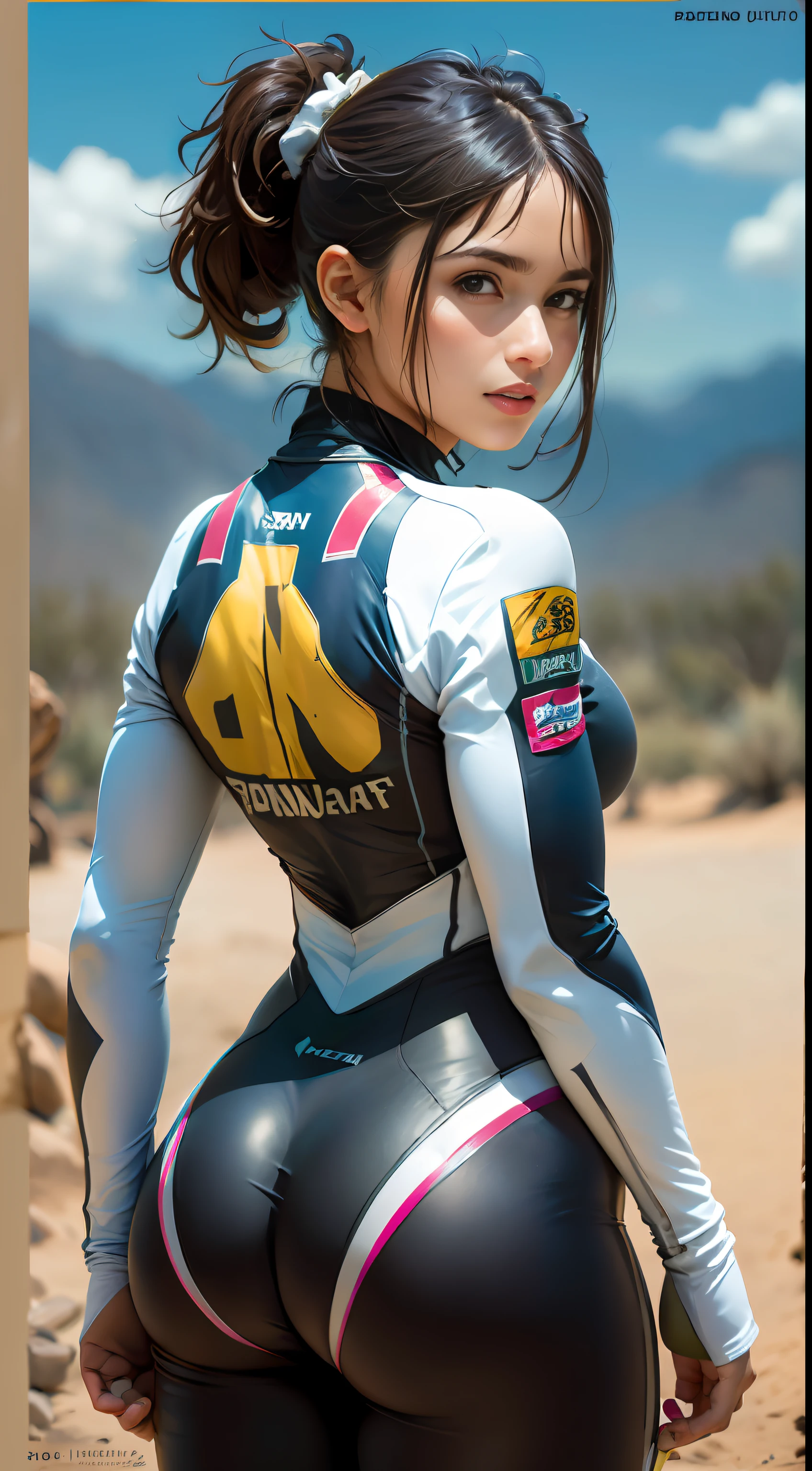 Racing suit, desert, (inspired by the Avengers), ponytail, one-piece gel pants, machine girl, safety rating, big ass, (8k, foto raw, fotorrealista: 1, 25), (muito brilho labial, muitos cílios, melhor qualidade, ultra alta resolução, profundidade de campo, Aberração cromática, luz ampla, cor natural, distant image (1:2)