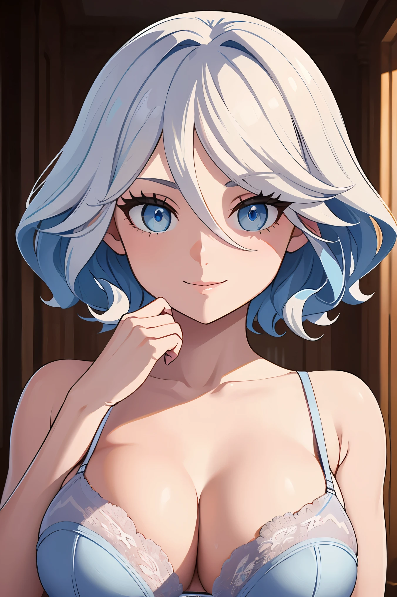 deep skin,textured skin, blue eyes, short light blue hair, smiling,
BREAK  (lingerie,bare_shoulders,white lingerie bra,white lingerie pantyhose, white lingerie panties:1,2)
BREAK NSFW,portrait, solo, (full body:0.6), looking at viewer, BREAK outside a mansion with a garden around it.
BREAK (masterpiece:1.2), best quality, high resolution, unity 8k wallpaper, (illustration:0.8), (beautiful detailed eyes:1.6), extremely detailed face, perfect lighting, extremely detailed CG, (perfect hands, perfect anatomy),