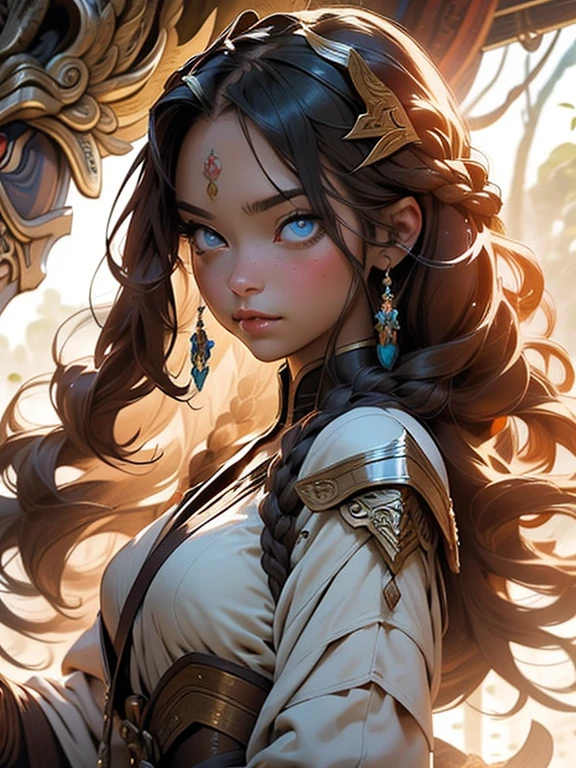 A brave, invincible battlefield commander with a great sword, a bold 22 year old Valkyrie who boasts unparalleled beauty, strong and mysterious face, extremely detailed and beautiful blue eyes, red hair in tight braids, bold braided hair, beautiful goddess of war, Rider of Valhalla, heroic stature perfect supermodel body, delicate, whole body slender, tall and muscular, Cloak wrapped in the wind, Battle Master, figurative art, wonderful, cool beauty, highest quality, perfect composition, perfect angle, best shot, female solo, sharp outline, nostalgia, romantic, 64k, award winning illustration, realistic light, ultra-detailed, high quality concept art, trending art on Artstation, Chinese ink painting, inspired by Daiqing Tana and Haya, inspired by SaDingDing, inspired by Otyken, inspired by Cave of 1,000 Buddhas and Taoist mythology, inspired by Alphonse Mucha style with art nouveau elements.