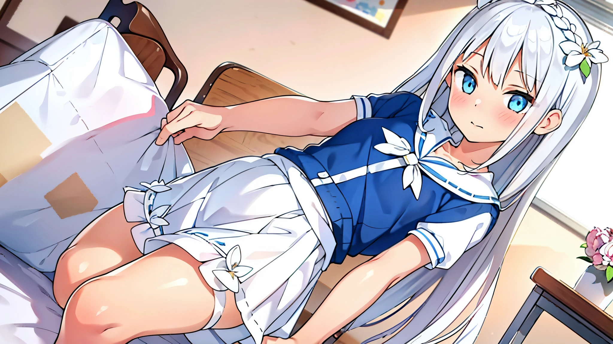 1 girl white hair with ribbon decorations on her head blue eyes in School Bloomers Women with white mayas at home