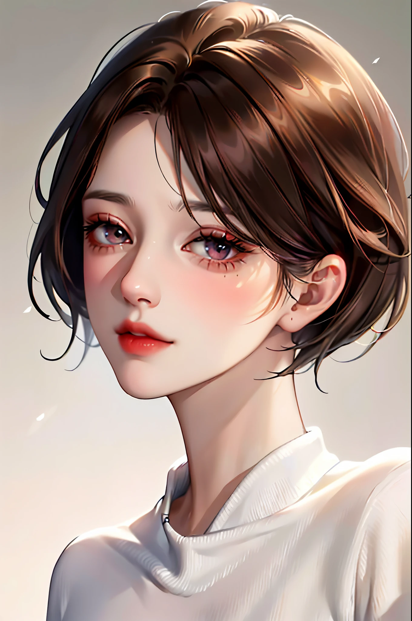 (Representative works: 1.3), (8K, realistic, RAW photo, best image quality: 1.4), (30 year old mature woman),small face, beautiful face, (realistic face),no makeup、natural makeup、light makeup、 (Dark brown, short hair: 1.3), beautiful hairstyle, realistic eyes, detailed and beautiful eyes, (realistic肌), beautiful skin, (sweater),、Bust A cup、 confused, charm, 超High resolution, Super realistic, High resolution, golden ratio, 