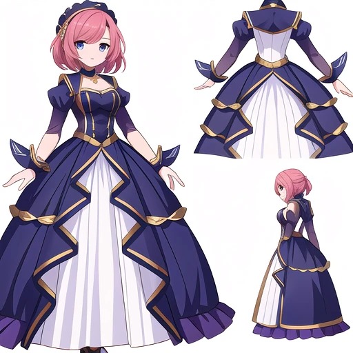 solo female, (((white background))), character focus, standing, character design, multiple views, cocktail dress,