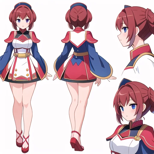 solo female, (((white background))), character focus, standing, character design, multiple views, cocktail dress,