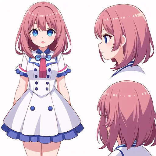 solo female, (((white background))), character focus, standing, character design, multiple views, cocktail dress,
