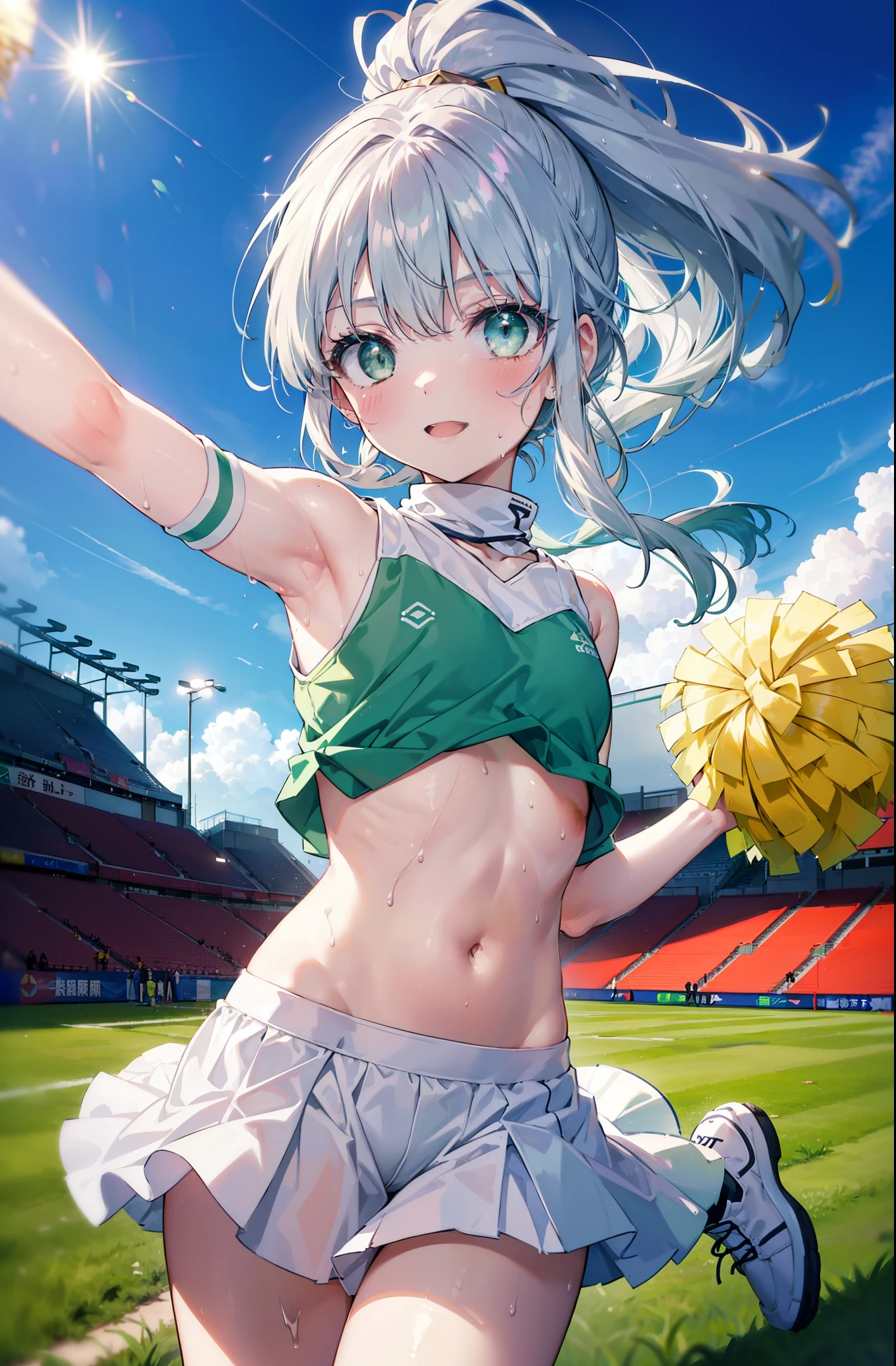 index, index, (green eyes:1.5), silver hair, long hair, (flat chest:1.2),smile,blush,open your mouth,ponytail,(Cheerleader), (whole body), lower, (sweaty), sweaty Wet Clothes, (white clothes), , Belly button support, playground, (jump), (jump), 足を曲げてjumpする, air, blue sky, Grass原, smile,Cheerleader, pom pom \(Cheerleader\), Grass, smile,
break looking at viewer, Upper body, whole body,
break indoors, stadium,
break (masterpiece:1.2), highest quality, High resolution, unity 8k wallpaper, (shape:0.8), (fine and beautiful eyes:1.6), highly detailed face, perfect lighting, Very detailed CG, (perfect hands, perfect anatomy),