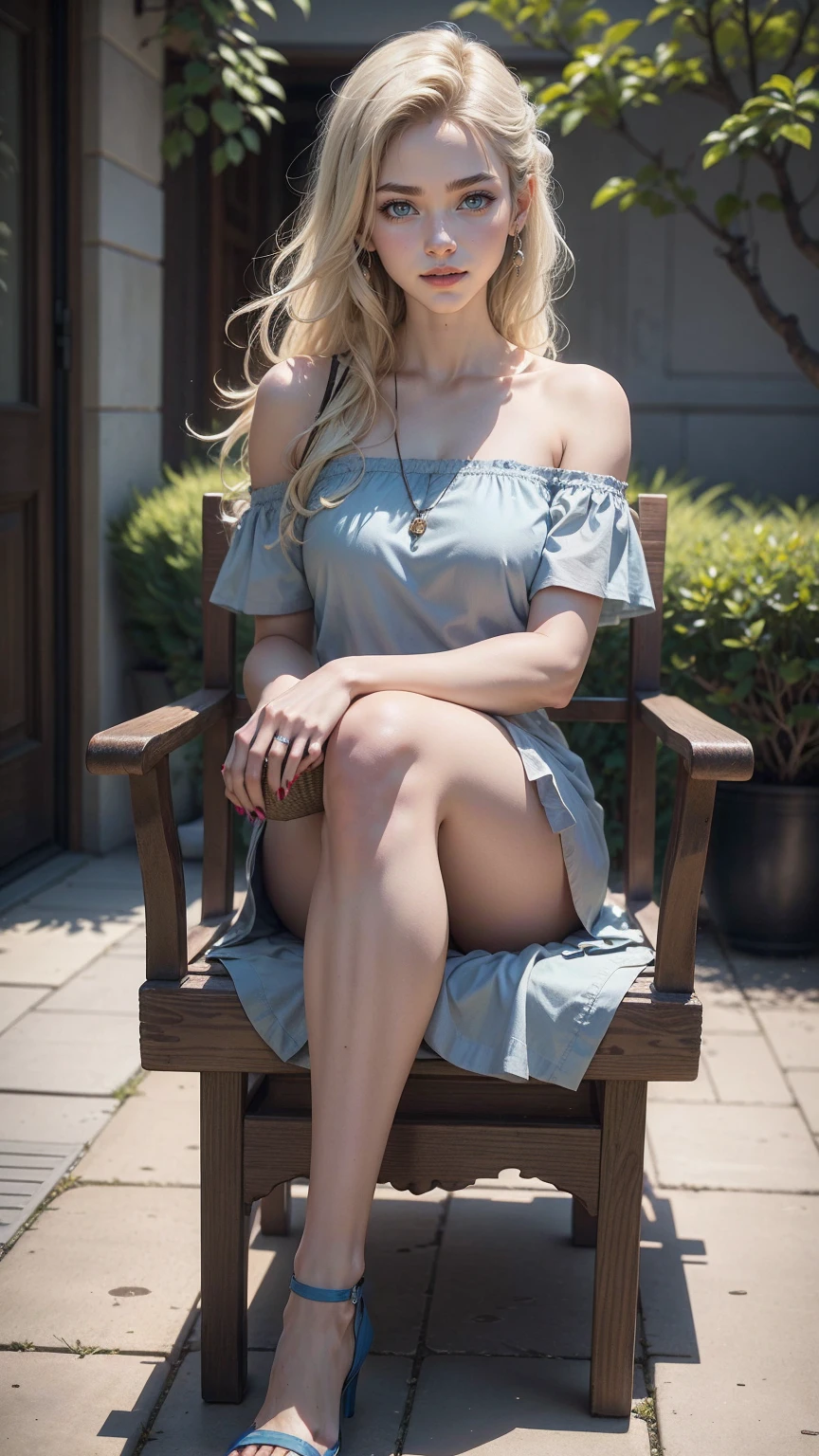 countryside, afternoon light, beautiful day, spring, mature woman, old lady, milf, 48 years old, full body, sitting on a garden chair, old style dress, classic dress, open, showing tits, topless, denim shorts, small tits, beautiful innocent face, long hair, white hair, 16k, photorealistic, real photo, nikon d800