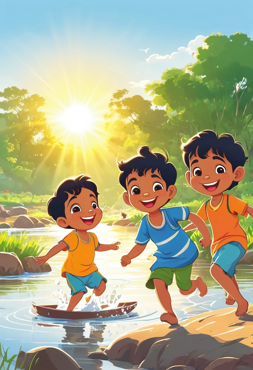  Raju and his friends laughing and playing together on the riverbank, the sun shining brightly overhead. Cartoon style 