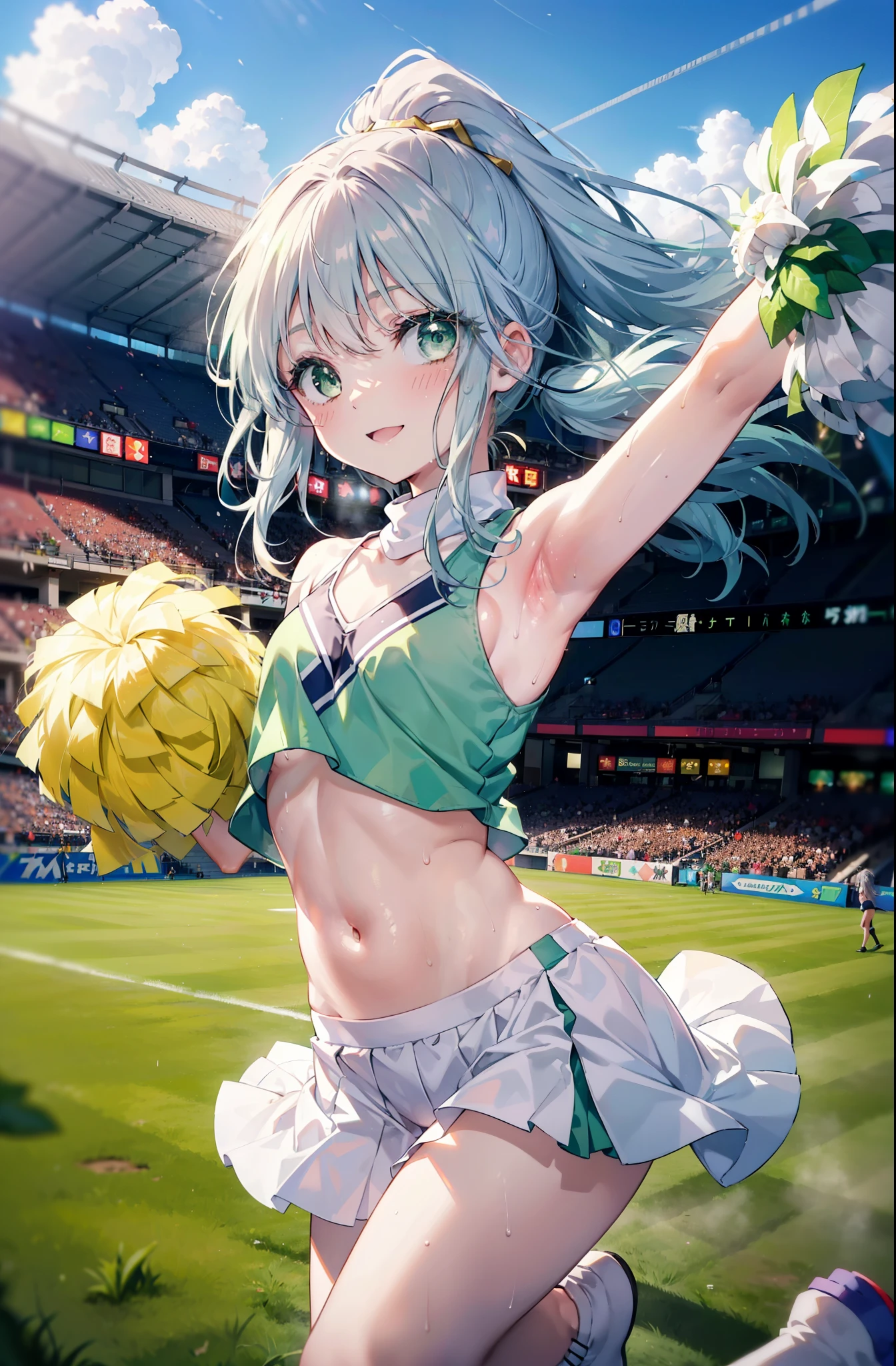 index, index, (green eyes:1.5), silver hair, long hair, (flat chest:1.2),smile,blush,open your mouth,ponytail,(Cheerleader), (whole body), lower, (sweaty), sweaty Wet Clothes, (white clothes), , Belly button support, playground, (jump), (jump), 足を曲げてjumpする, air, blue sky, Grass原, smile,Cheerleader, pom pom \(Cheerleader\), Grass, smile, 
break looking at viewer, Upper body, whole body,
break indoors, stadium,
break (masterpiece:1.2), highest quality, High resolution, unity 8k wallpaper, (shape:0.8), (fine and beautiful eyes:1.6), highly detailed face, perfect lighting, Very detailed CG, (perfect hands, perfect anatomy),