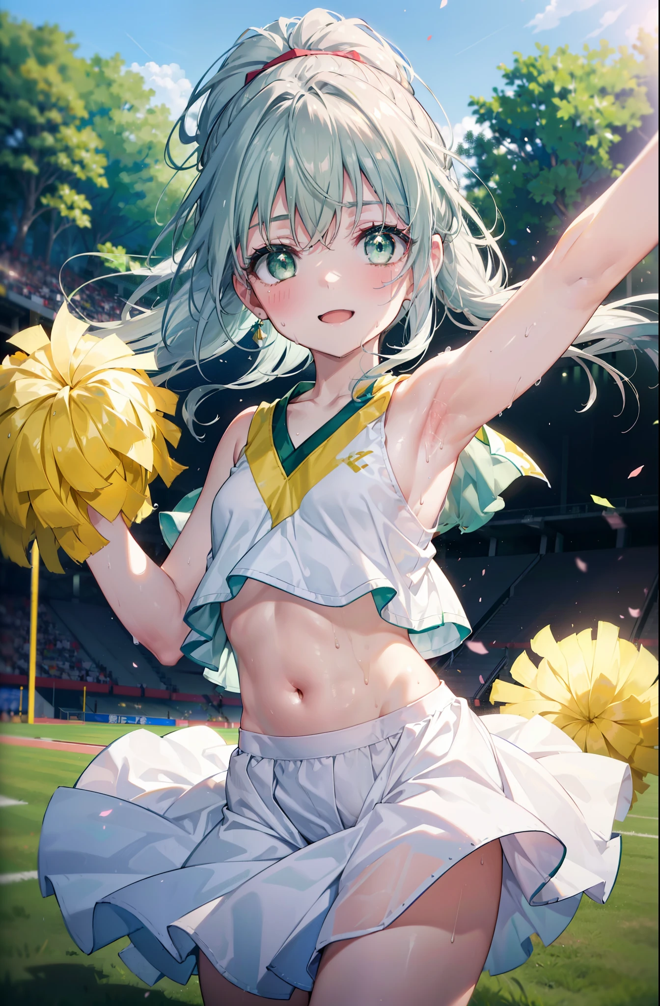 index, index, (green eyes:1.5), silver hair, long hair, (flat chest:1.2),smile,blush,open your mouth,ponytail,(Cheerleader), (whole body), lower, (sweaty), sweaty Wet Clothes, (white clothes), , Belly button support, playground, (jump), (jump), 足を曲げてjumpする, air, blue sky, Grass原, smile,Cheerleader, pom pom \(Cheerleader\), Grass, smile,
break looking at viewer, Upper body, whole body,
break indoors, stadium,
break (masterpiece:1.2), highest quality, High resolution, unity 8k wallpaper, (shape:0.8), (fine and beautiful eyes:1.6), highly detailed face, perfect lighting, Very detailed CG, (perfect hands, perfect anatomy),