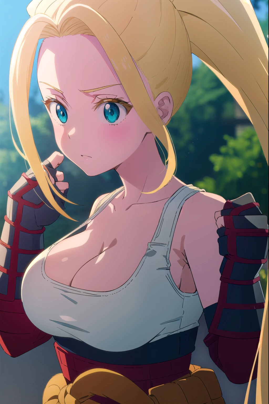 beatrixamerhauser, beatrix amerhauser, long hair, blue eyes, blonde hair, gloves, ponytail, (medium breast:1.2),
BREAK gloves, fingerless gloves, armor, japanese armor, tank top, white tank top, cleavage, collarbone,
BREAK looking at viewer,
BREAK outdoors,
BREAK (masterpiece:1.2), best quality, high resolution, unity 8k wallpaper, (illustration:0.8), (beautiful detailed eyes:1.6), extremely detailed face, perfect lighting, extremely detailed CG, (perfect hands, perfect anatomy),