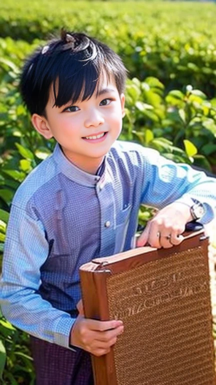 20 years old Beautiful Burmese in traditional dress boy Smiling face, friendly look, smiling at the camera, detailed clear view background, pagodas seen in the distance, farmland, natural beauty fullbudy