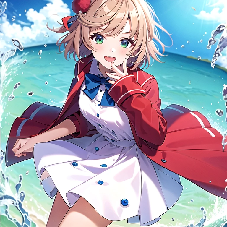 (masterpiece, best quality:1.2), 1girl, solo, shigure ui, portrait, berete, white outfit, red jacket, smiling, short hair, five finger,