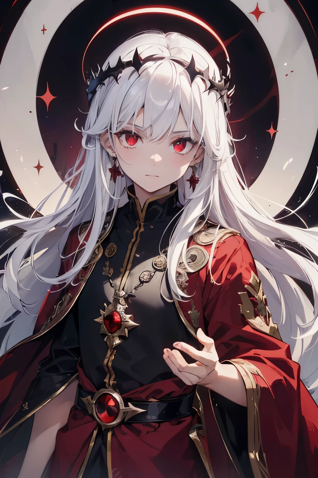 (best quality,Super detailed,high resolution:1.2),1 ,white hair,dark red eyes (darkred eyes:1.1),dark halo(halo:1.1),(mystery,unforgettable:1.1) atmosphere,looks like half demon,(Demon traits,Diabolical traits),(meticulously made,Gorgeous) earrings,(dark,royal:1.1) crown,Fairy spirit,red robe