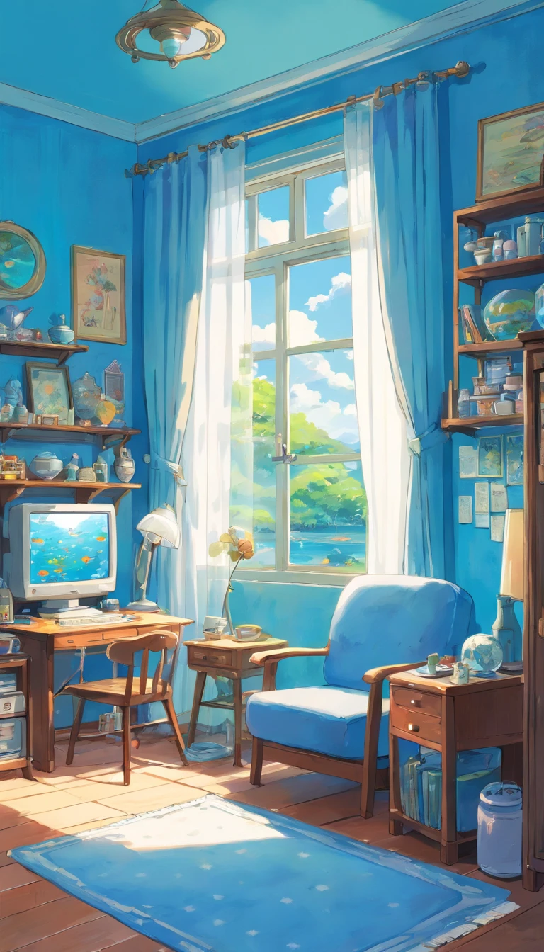 A goldfish bowl-shaped room、transparent room、cute room、computer、light bulb、window、Chair、curtain、retro、80s 80s Neon Colors、pastel colour、(((Blue and white room)))、Polka dot pattern、lemon、80'sパターン、Round pattern、、Dot pattern、light blue and white