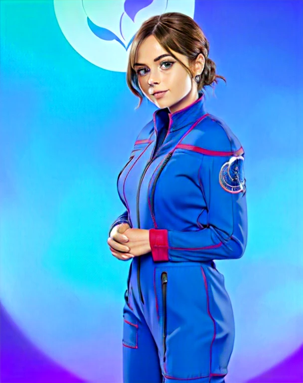 Jenna Coleman, wearing enterpriseuniform, female fit, blue jumpsuit, red piping on shoulders,  left sleeve patch, Teal nature background, anime,