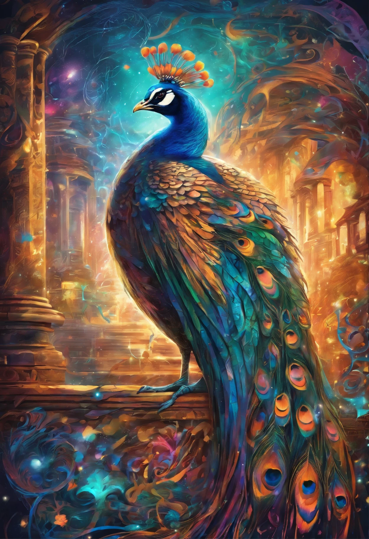 (best quality,4K,8K,high resolution,masterpiece:1.2),Super detailed,(actual,photoactual,photo-actual:1.37),Mysterious Peacock Mage,Cast colorful and vivid spells,ethereal lights,expressive brushstrokes,Translucent feathers,magical atmosphere,golden staff,feather hat,charming gaze,Detailed faces and features,dynamic poses,floating spellbook,Sparkling magical energy,Rich color palette,spider,Beautifully decorated robe,The charm of mist,mysterious symbols,Curved and swirling lines,Surreal background,Powerful spells,A fascinating spectacle,Hypnotic rhythm,charming composition,Surprise element,Mesmerizing visual appeal,otherworldly beauty,Strong aura,Extraordinary artistry,Whimsical Expression,Interaction of light and shadow,heavenly inspiration,fascinating journey,Awesome talent,Incandescent Brilliance,Transcendent Mastery,bright colors,Stunning artistry,Supernatural