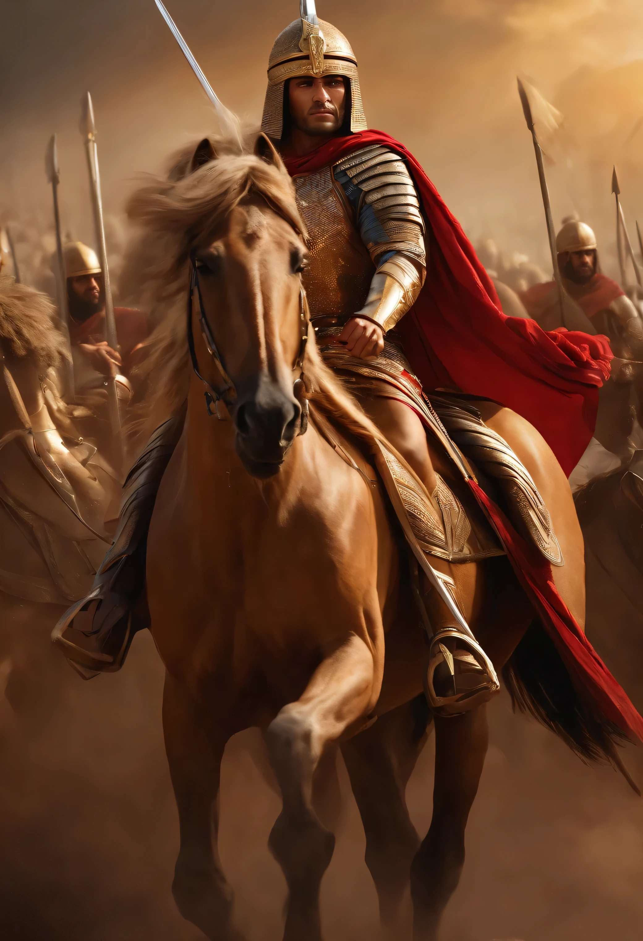 A Pharaonic king unites the armies under his leadership. He appears as he excites the soldiers on a horse before the war. There are spears and swords raised, and he has brown hair.., uniforms