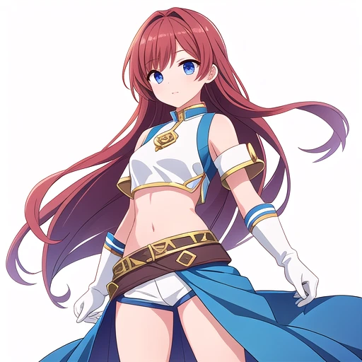 solo female, crop top, ((( white background))), character focus, fantasy clothes, standing, grove cuff, gloves, character design,
