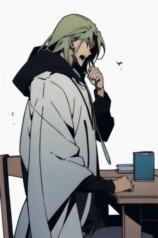 ((Character, best quality: 1.5, masterpiece, 8k detailed: 1.5, white background, flat colors, anime)), solo: 2, 1boy, adult, white cloak, Enkidu, screaming, side view, yelling, hands on table symmetrical, hoodie, lean forward, hood on,