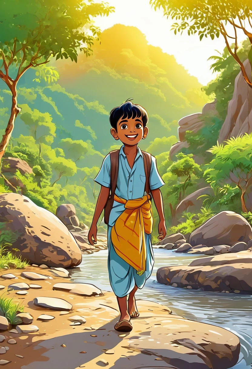 Little boy Raju looking content and happy as he walks back to the village with his friends, the golden rock left behind in the river. cartoon style 

