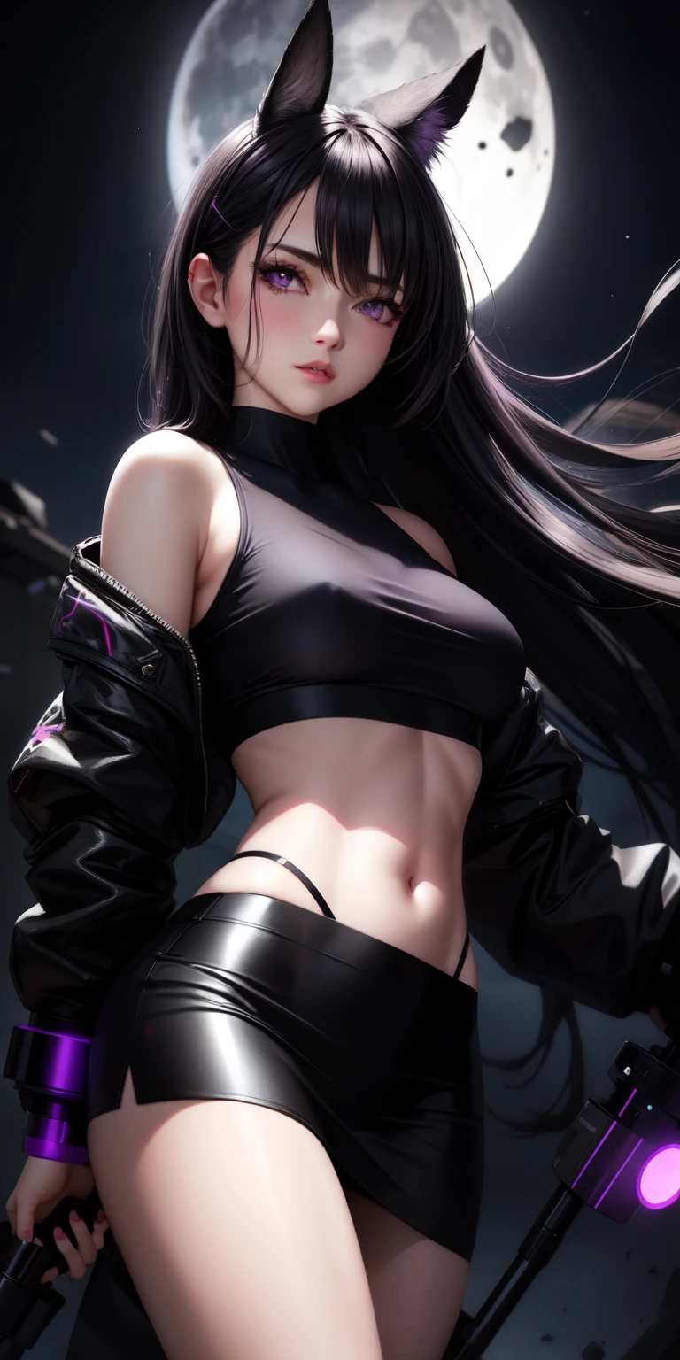 realistic, 1girl, black, purple eyes, glowing eyes, black crop top, black skirt, parted lips, blush, night, sniper, moon, moonlight,