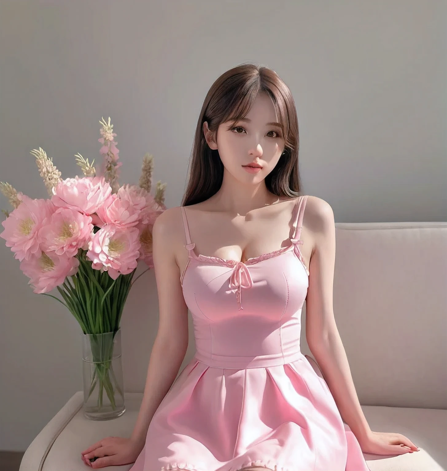 Arapé girl wearing a pink dress sitting in a flower field, ultrarealistic sweet bunny girl, 🌺 CG Society, fairy core, Guweizu, Exciting and cute aesthetics, Pink pastels, artwork in the style of Guweizu, bunny girl, Smooth animated illustrations,  dressed up, pastel pink, april&#39;rendering, Cute realistic portrait,High Quality,masterpiece,Light brunette