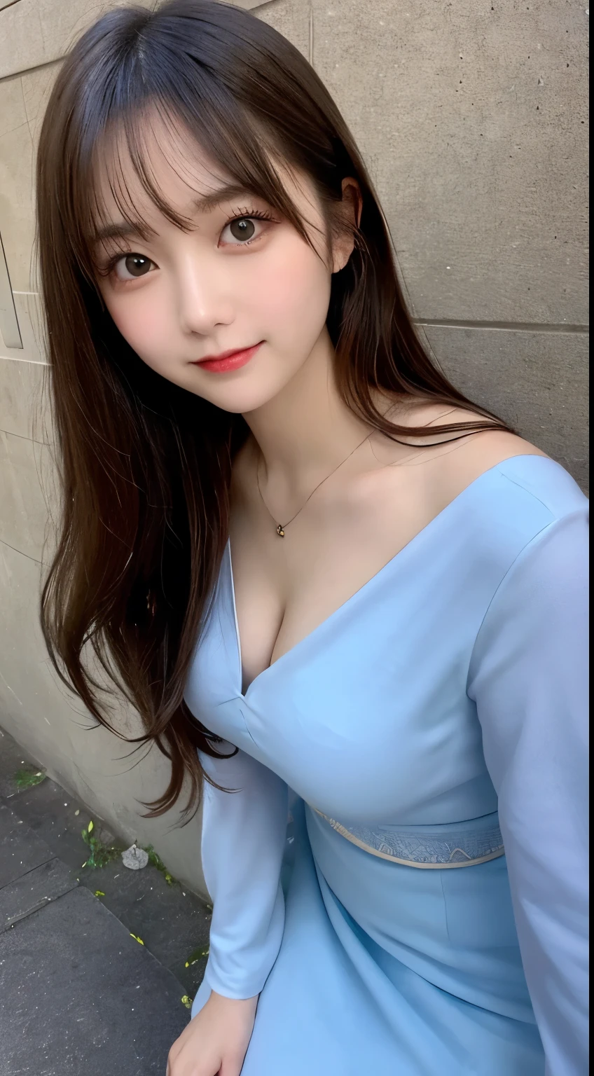 table top, highest quality, shape, Super detailed, finely, High resolution, 8k wallpaper, 完璧なダイナミックな構shape, beautiful and detailed eyes, small breasts, natural color lip, random sexy pose,smile,big city、20 year old girl、midnight、Beautiful and dense face、perfect and beautiful face,Big eyes、real photos(best image quality),long dress(long sleeve blouse)、flare skirt、Taken from above the knees(from bottom to top)、looking at the camera