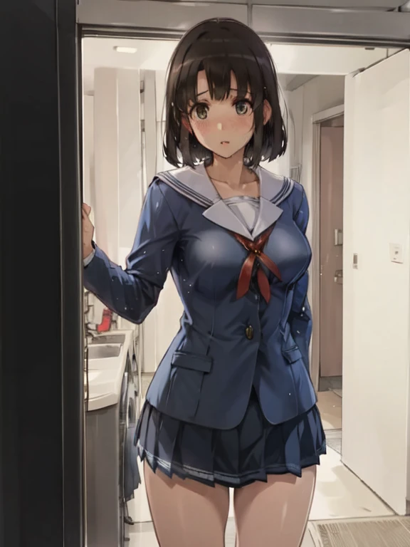 UHD, retina, ccurate, anatomically correct, super detail, high details, high quality, best quality, HD, 4K, 2d cel anime, {{{katou megumi}}}, {{saenai heroine no sodatekata}},{{{mkm1, short hair}}}, brown eyes , blue shirt, , pleated skirt, long sleeves, collarbone, serafuku, medium breasts,( medium breasts ,naked ,topless ,pussy ),vagina ,nipple ,go commando, braless,Photographed from the opposite building,She is standing by the window,{Voyeurism}