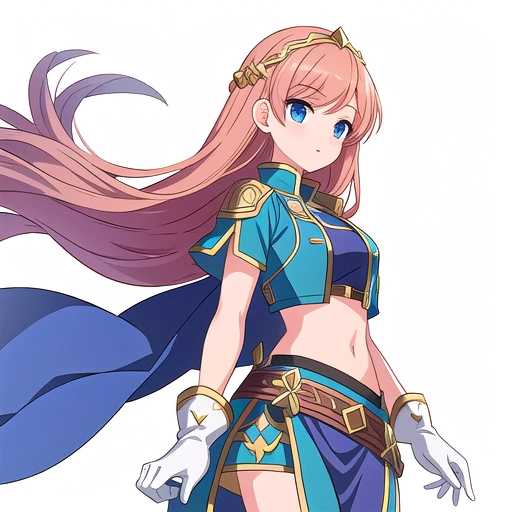 solo female, crop top, ((( white background))), character focus, fantasy clothes, standing, grove cuff, gloves, character design, full bosy,
