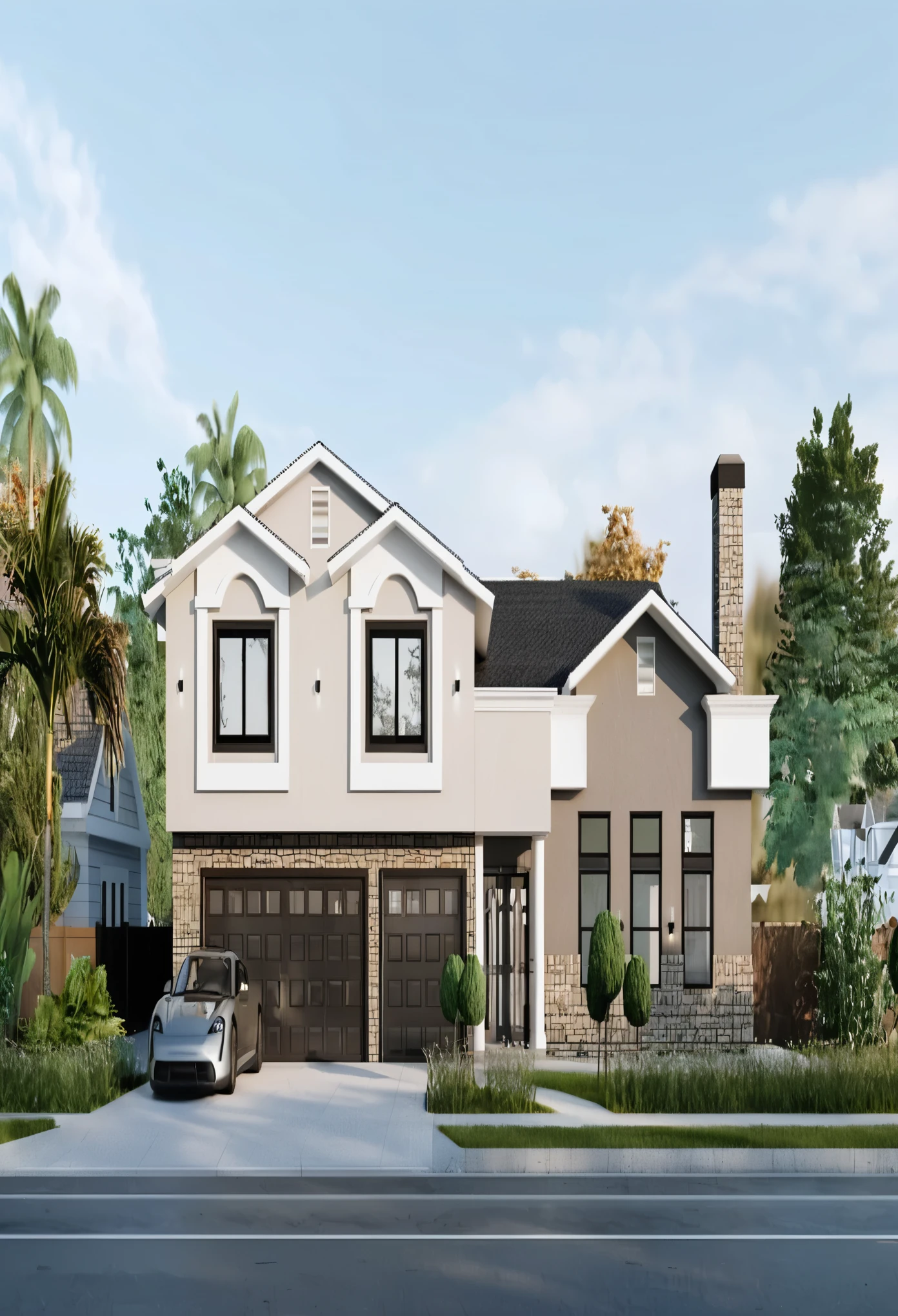 a white and black house with a lot of plants on the front, concept house, contemporaryhh house, modern architecture design, realistic architecture, exterior design, residential design, render to resolute perfection, contemporary architecture, overall architectural design, bold architecture, large modern residence, modern house, contemporary design, ultra modern, arhitectural shot, one house, minimalistic architecture