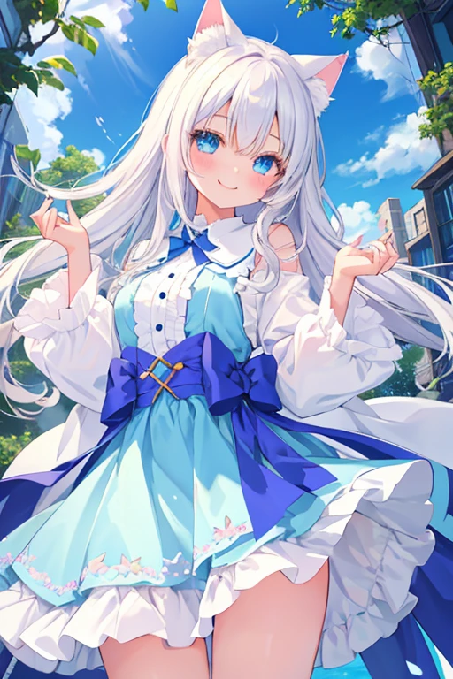 beautiful illustrations, highest quality, pretty girl,beautiful girl、clear face、 half girl、pastel colour 、smile、blush、にこやかなsmile、thighs、perfect hands、five fingers、Cat ear、white hair、blue eyeaid clothes