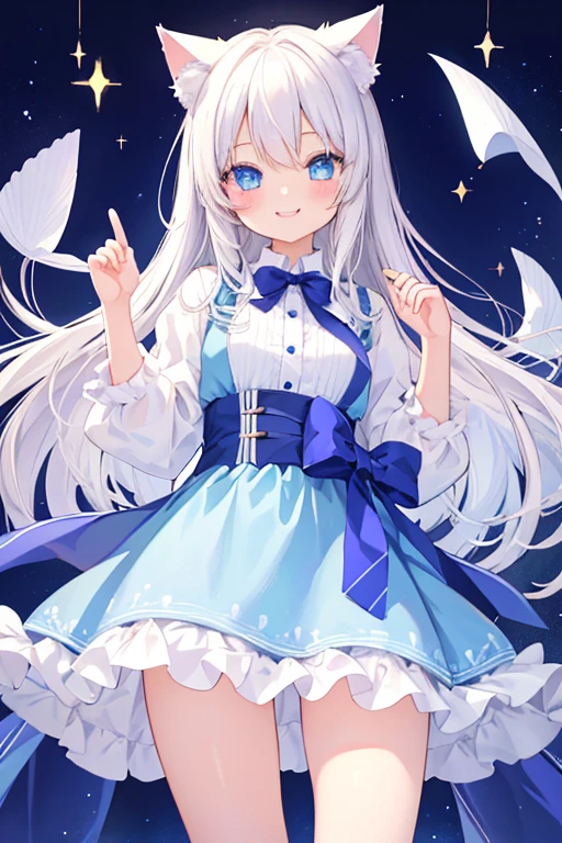 beautiful illustrations, highest quality, pretty girl,beautiful girl、clear face、 half girl、pastel colour 、smile、blush、にこやかなsmile、thighs、perfect hands、five fingers、Cat ear、white hair、blue eyeaid clothes