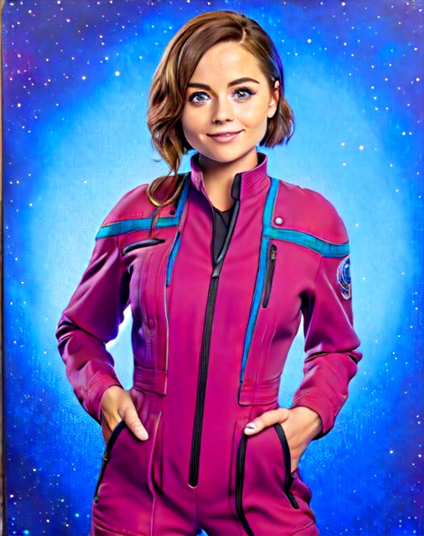 Jenna Coleman, smile, portrait, wearing enterpriseuniform, female fit, blue jumpsuit, red piping on shoulders, left sleeve patch, Teal nature background, anime,