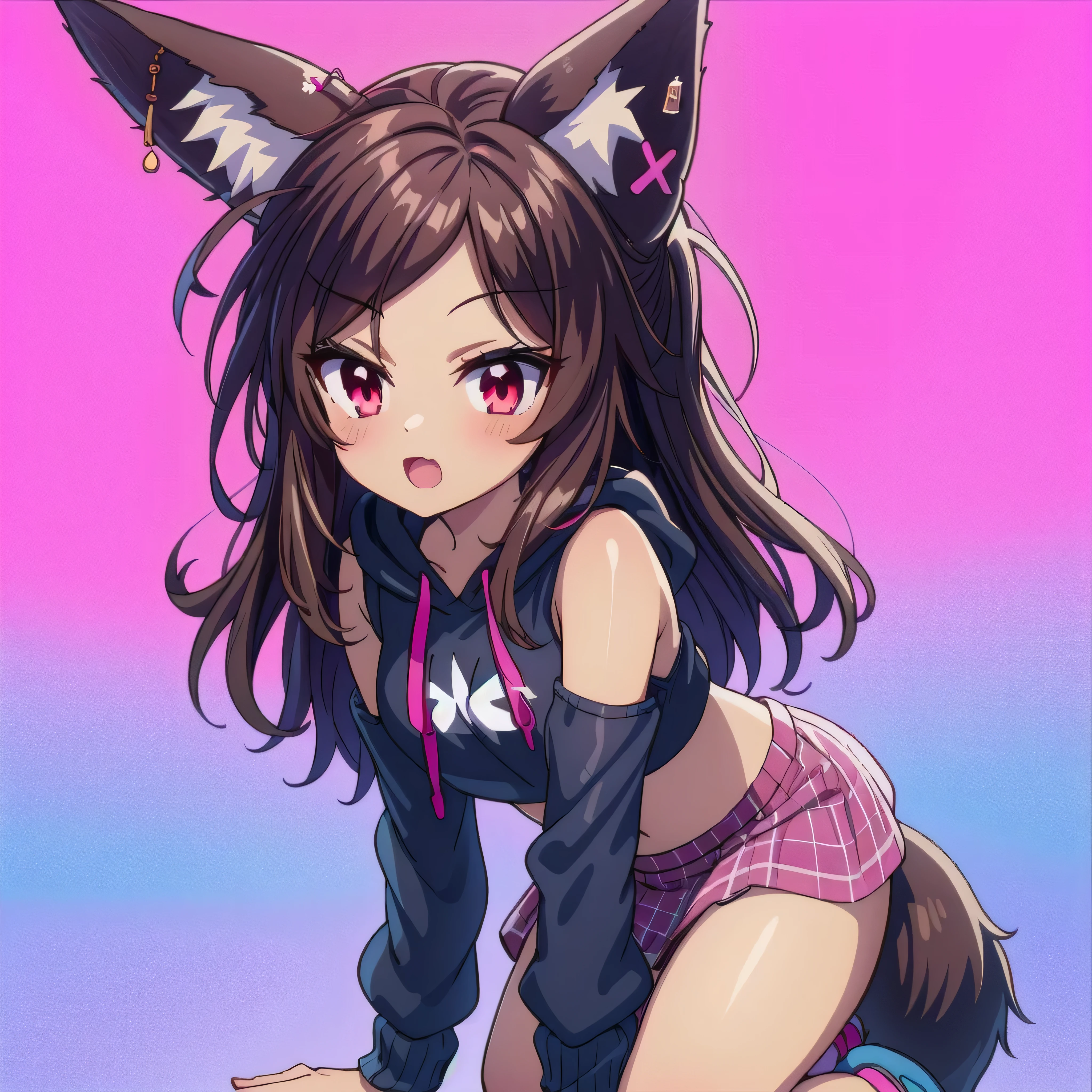 ((red eyes)), ((long brown hair)), ((fox girl)), ((fox ears)), ((black fox tail)), ((croptop hoodie)), ((1girl)), ((8k resolution)), ((hands hidden)), ((full body)), (((pink skirt)))