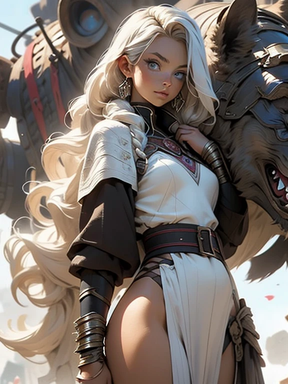 A brave, invincible battlefield commander, holding a great sword in left hand at eye level, a bold 22 year old Valkyrie who boasts unparalleled beauty, strong and mysterious face, extremely detailed and beautiful blue eyes, white hair in tight braids, bold braided hair, beautiful goddess of war, Rider of Valhalla, heroic stature perfect supermodel body, tall and muscular, full body shot facing the viewer, cloak wrapped in the wind, Battle Master, figurative art, wonderful, cool beauty, highest quality, perfect composition, perfect angle, best shot, female solo, sharp outline, nostalgia, romantic, 64k, award winning illustration, realistic light, ultra-detailed, high quality concept art, trending art on Artstation, Chinese ink painting,
