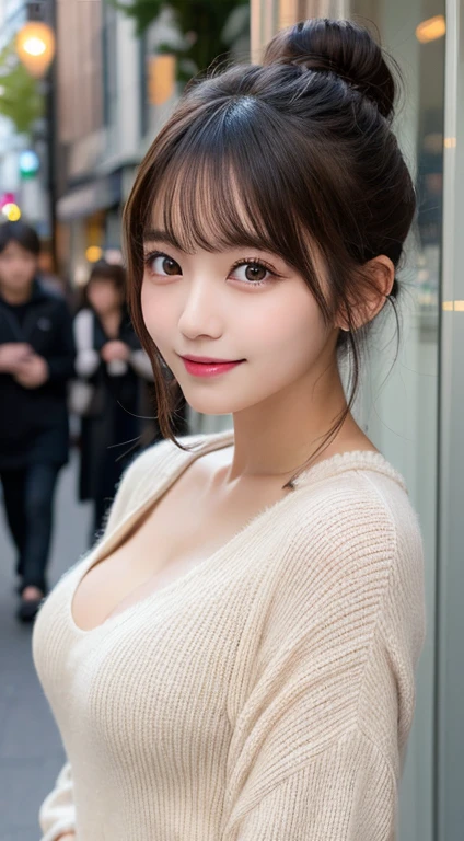table top, highest quality, figure, Super detailed, finely, High resolution, 8k wallpaper, 完璧なダイナミックな構figure, detailed and beautiful eyes, Trendy women's fashion winter clothes,bun hair,small breasts natural color lip, sexy pose,smile,Harajuku、20 year old girl、cute、looking at camera
