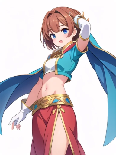 solo female, crop top, ((( white background))), character focus, fantasy clothes, standing, grove cuff, gauntlets, character design,