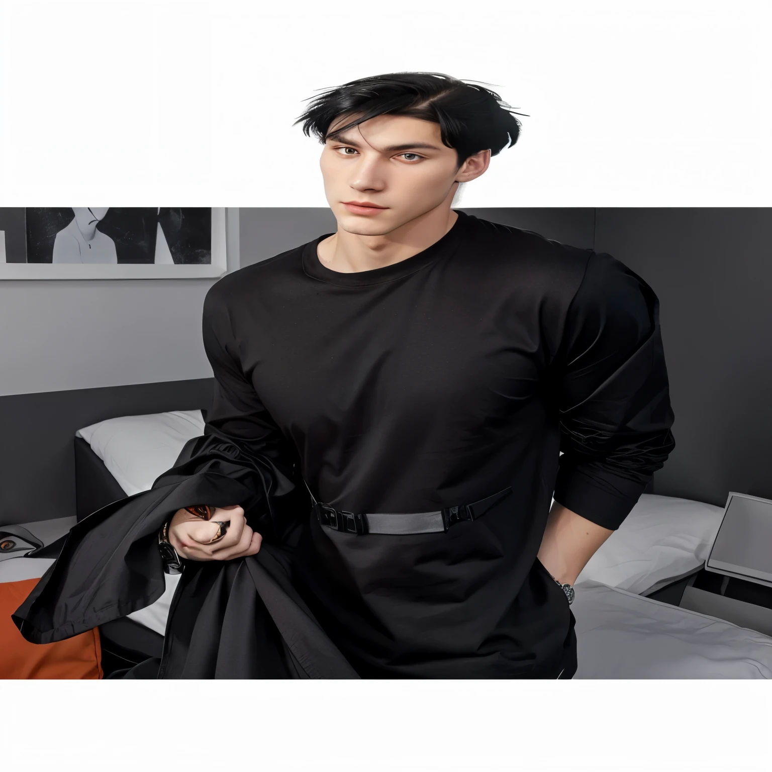 handsome man with white skin, tall, orange eyes, wearing a black t-shirt, wearing a watch, black hair