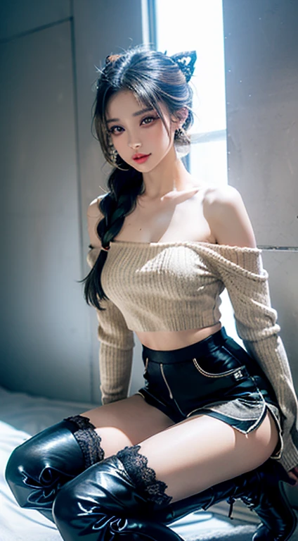 (Wearing a Random ombre drop shoulder crop sweater, Contrast binding tracker shorts, Sheer lace underwear, Above the knee block heel boots:1.3), Long braided ponytail hair, head and whole body, very cute human 18 year old girl, very beautiful and feminine, short, , beautiful breasts, small, big tits ass, big bust, big breasts, cleavage display, flat belly display, fine eyes, detailed nose, Super detaileded on face, Partial accessory with earrings in the ears, very stylish, Award-winning product design, tights, Shiny plunging top opens to cleavage and midriff, stylish, glowing trim, atmospheric perspective, 8K, Super detailed, Accurate, highest quality,