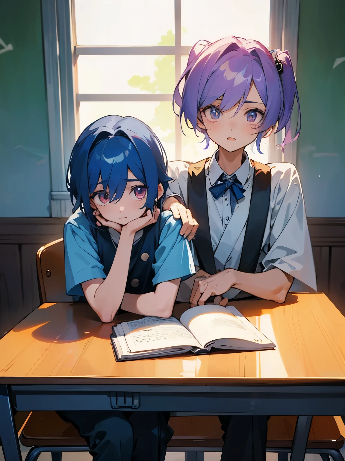 cartoon of two boys sitting at a table with a book and a backpack, ddlc, in the art style of 8 0 s anime, 9 0 s anime style, 90s anime style, in anime style, in an anime style, anime aesthetic, anime vibes, 9 0 s anime aesthetic, 9 0 s anime art style, lofi boy, typical anime classroom, beautiful background window, two cute boys, beautiful faces, two boys, don't extra hands, NO extra hands, generate two boys with NO extra hands, NO extra arm