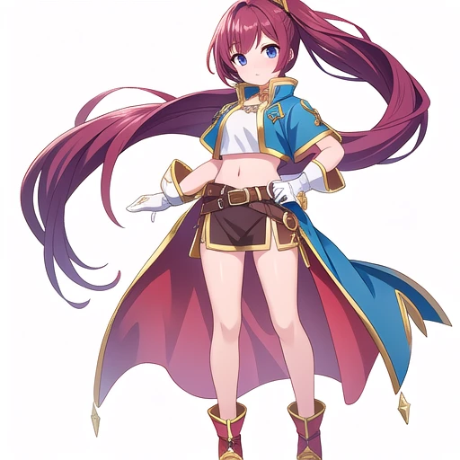 solo female, crop top, ((( white background))), character focus, fantasy clothes, standing, grove cuff, gloves, character design, full body,
