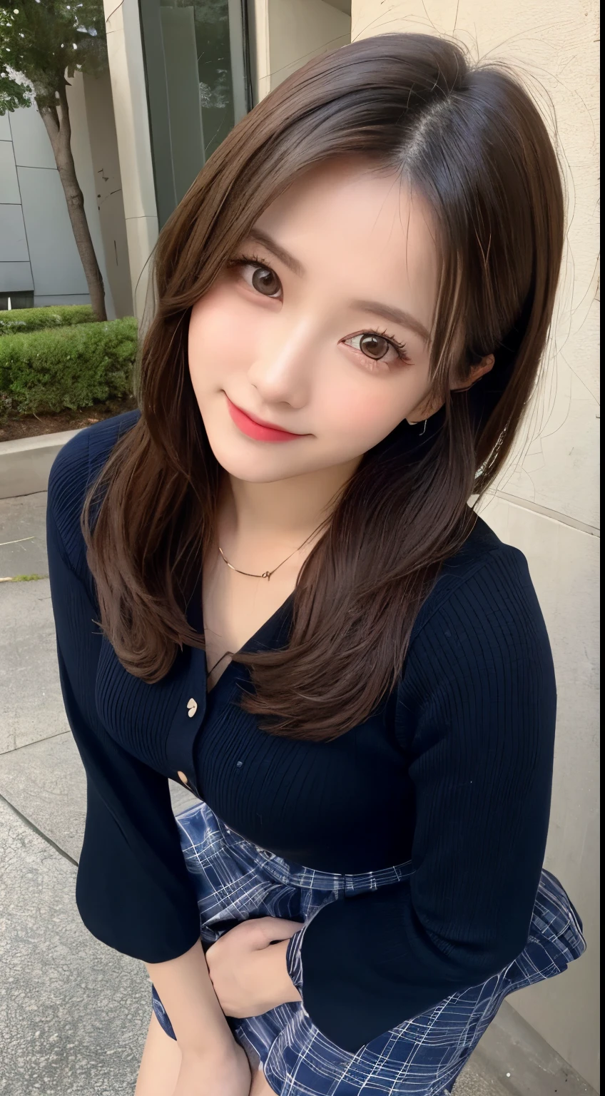 table top, highest quality, shape, Super detailed, finely, High resolution, 8k wallpaper, 完璧なダイナミックな構shape, beautiful and detailed eyes, small breasts, natural color lip, random sexy pose,smile、20 year old girl、midnight、Beautiful and dense face、perfect and beautiful face,Big eyes、real photos(best image quality),long dress(long sleeve blouse)、flare skirt、Taken from above the knees(from bottom to top)、looking at the camera