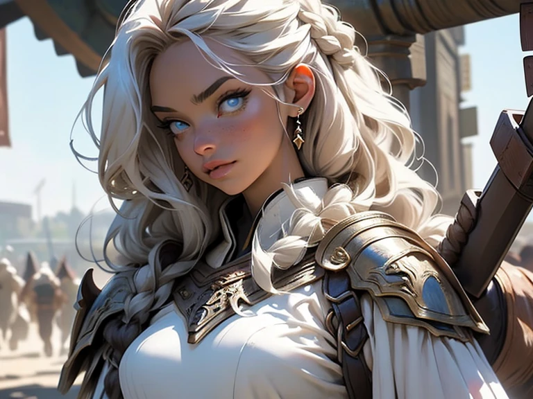 A brave, invincible battlefield commander, holding a great sword in left hand at eye level, a bold 22 year old Valkyrie who boasts unparalleled beauty, strong and mysterious face, extremely detailed and beautiful blue eyes, white hair in tight braids, bold braided hair, beautiful goddess of war, Rider of Valhalla, heroic stature perfect supermodel body, tall and muscular, full body shot facing the viewer, cloak wrapped in the wind, Battle Master, figurative art, wonderful, cool beauty, highest quality, perfect composition, perfect angle, best shot, female solo, sharp outline, nostalgia, romantic, 64k, award winning illustration, realistic light, ultra-detailed, high quality concept art, trending art on Artstation, Chinese ink painting, 
